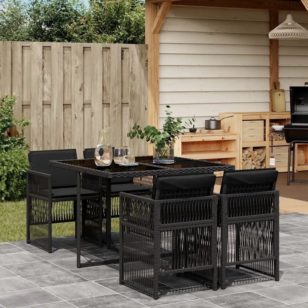 Set da Pranzo da Giardino 5 pz | Set Salotto da Giardino Nero con Cuscini in Polyrattan