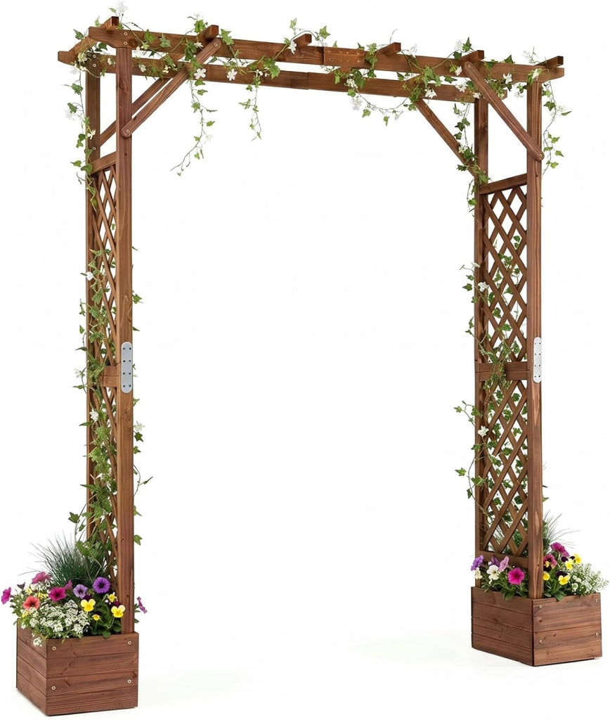 Arco da Giardino con 2 Fioriere, Pergola Esterno per Rampicanti | Pergolato Decorativo in Legno con 2 Grigliati e Tettuccio, per Matrimonio e Feste, 208 x 55 x 220 cm