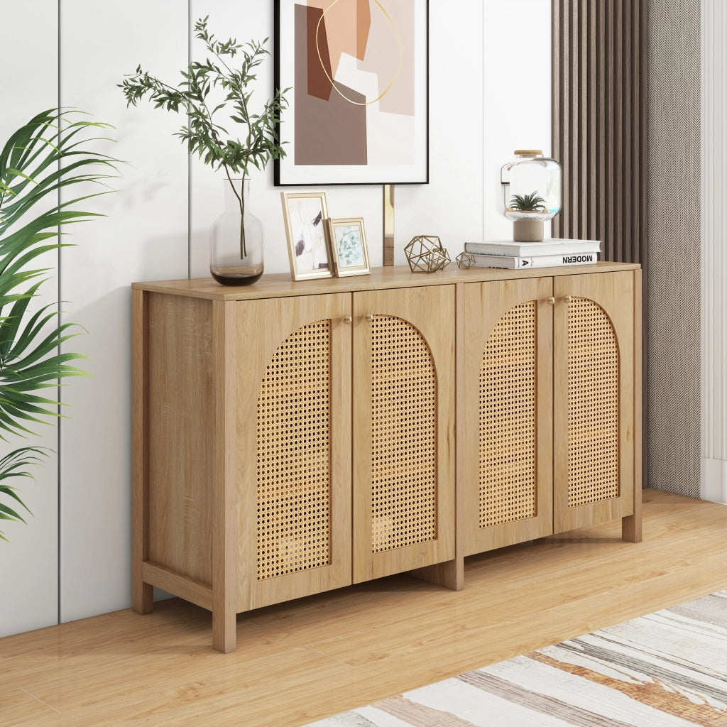 Credenza Moderna con Ante in Rattan e Maniglie in Metallo ¨C MINIMAL ¨C Legno Naturale