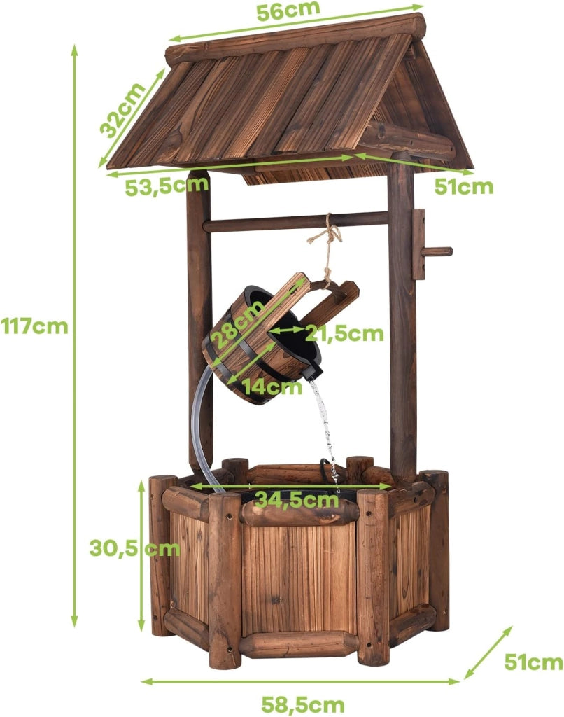 Pozzo da Giardino, Pozzo Decorativo con Pompa Elettrica, in Legno d'Abete, 58,5 x 51 x 117 cm, Marrone (Modello 2)