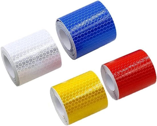 Nastro Riflettente - 4 Rotoli - 5 cm x 3 m - Nastro di Segnalazione di Sicurezza - Banda di Avvertimento Riflettente - Adatto per Veicoli - Rimorchi - Biciclette - Caschi - 4 Colori