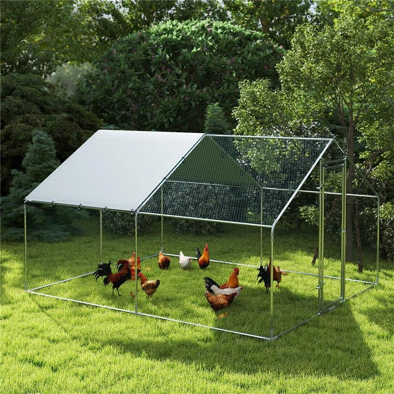 RECINTO PER GALLINE DA 10.2M PER 10-15 GALLINE CON TETTO IMPERMEABILE IN ACCIAIO E TESSUTO 3X3.4X1.9 M ARGENTO
