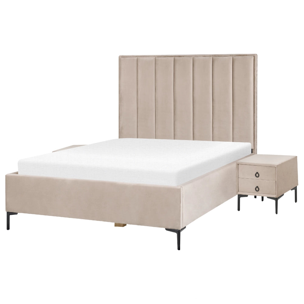 Set camera da letto in velluto grigio tortora matrimoniale 140 x 200 cm letto con contenitore 2 comodini imbottiti