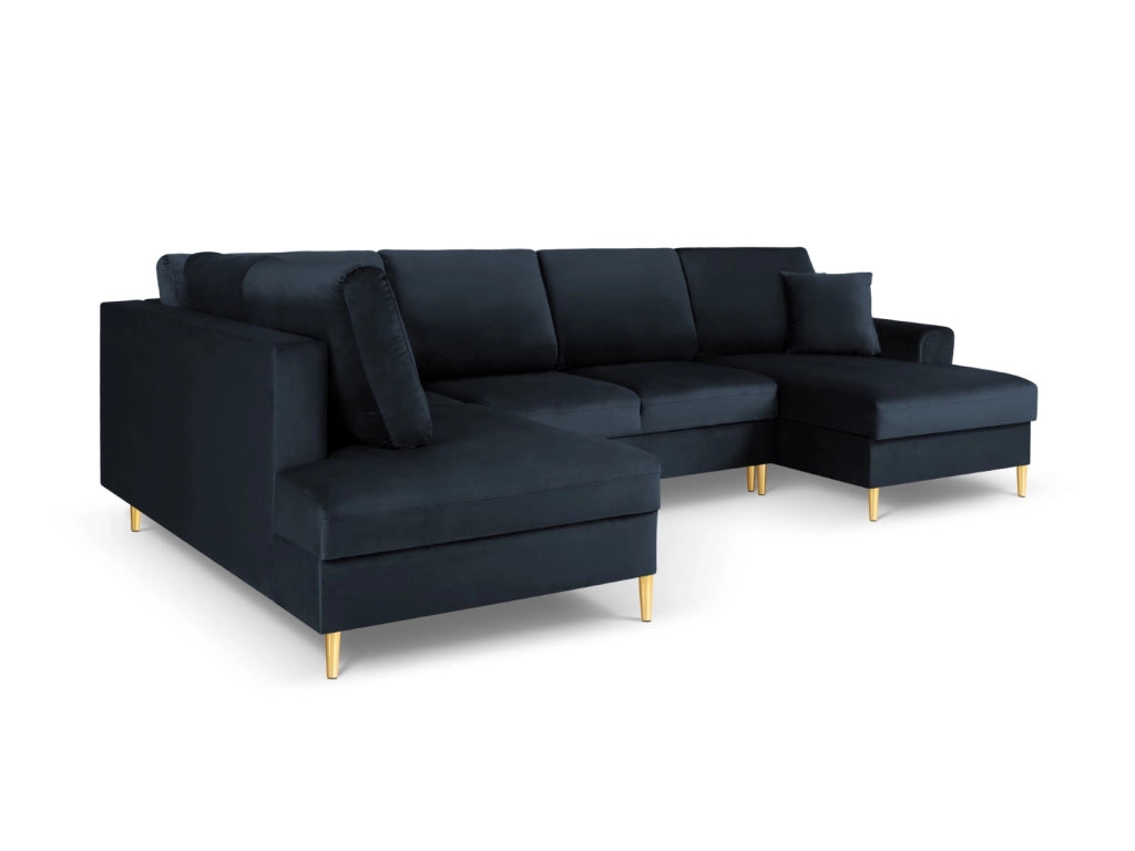 Cosmopolitan Design - Divano panoramico convertibile sinistro con contenitore "Kyoto" 7 posti in velluto blu scuro 