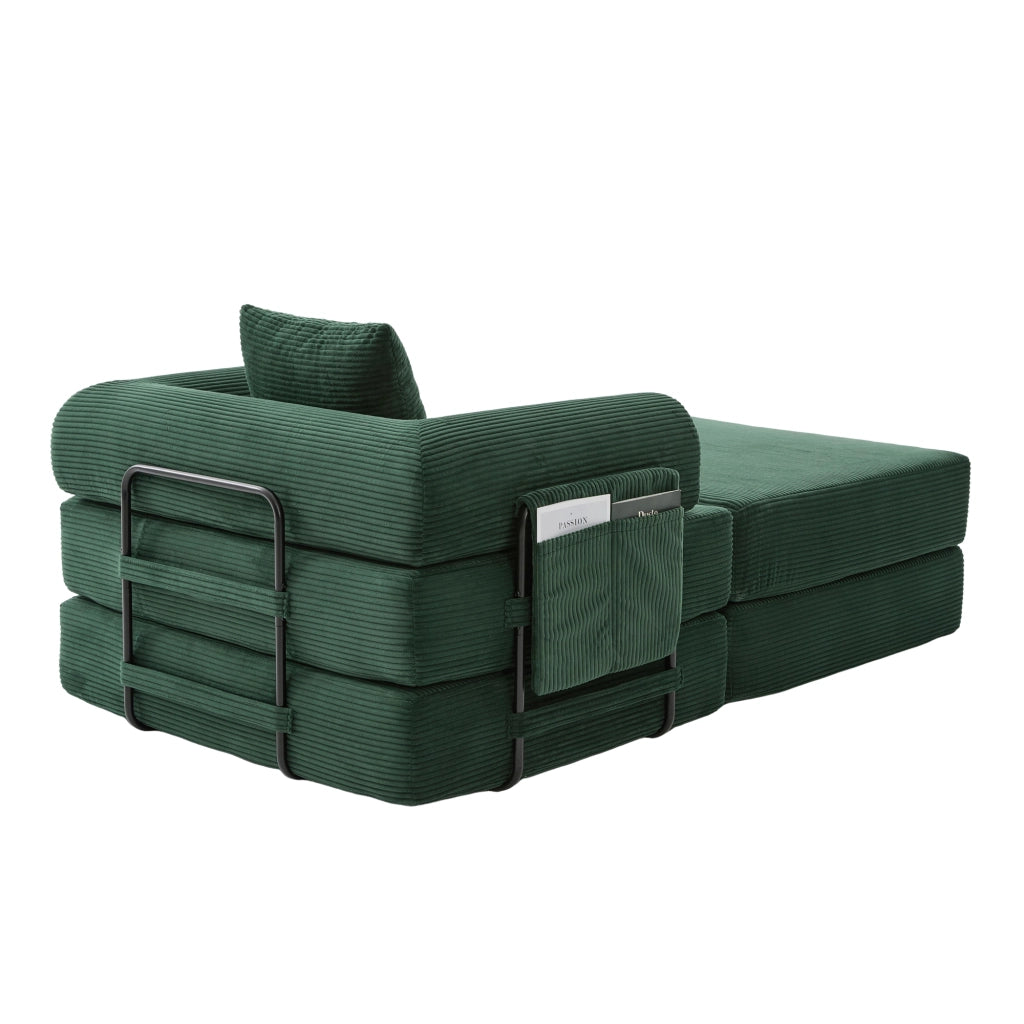 Divano modulare velluto a coste verde con pouf, cuscino e tasca laterale