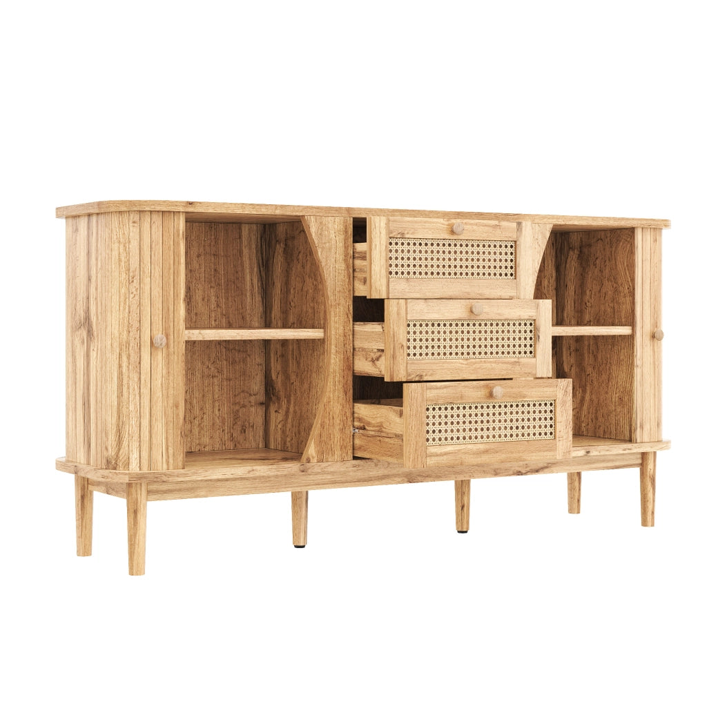 Madia 140.5x40x76 cm con 3 cassetti in rattan; ante scorrevoli e ripiani regolabili in pannello truciolare naturale