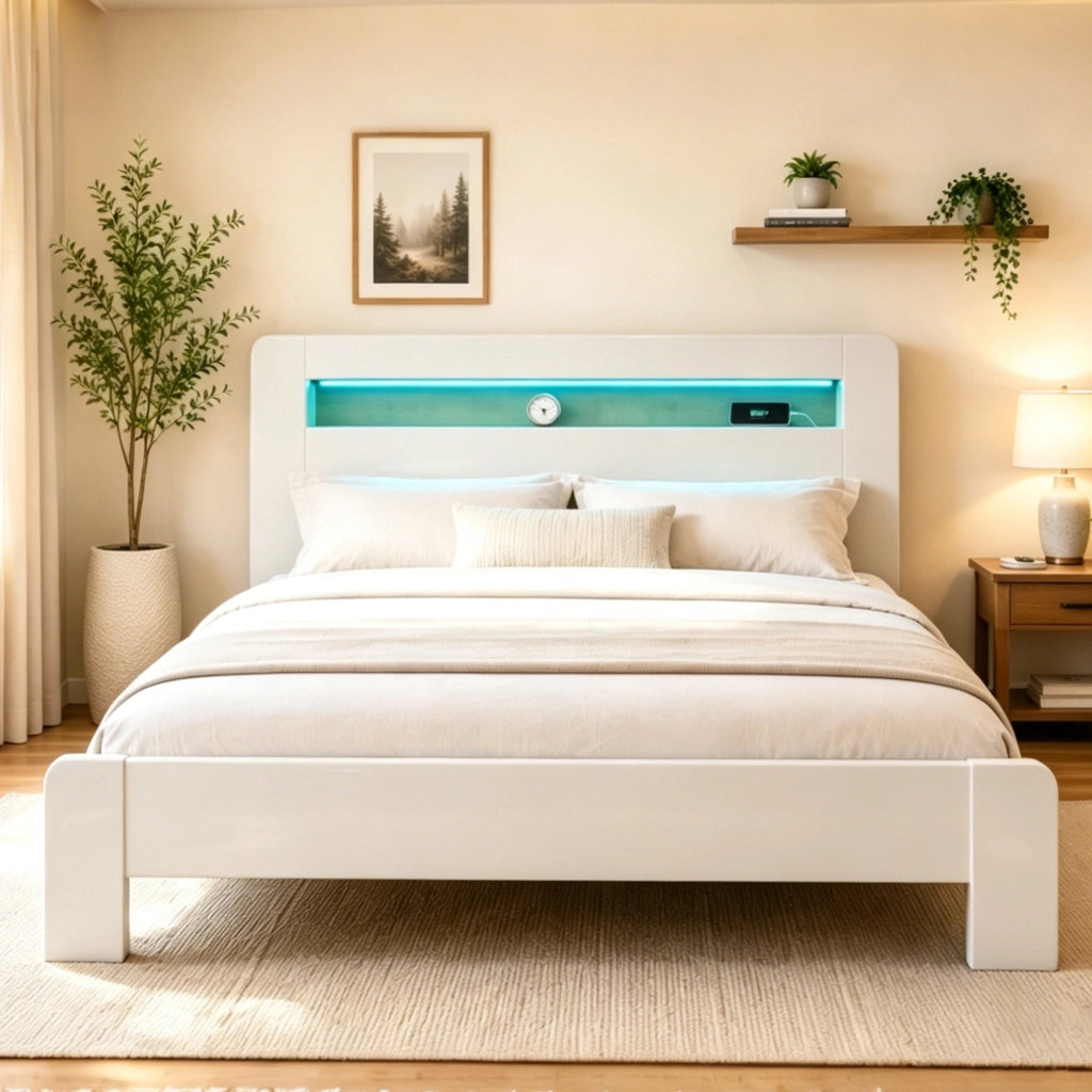 LETTO con testiera portaoggetti e LED 180 x 200 cm Legno Bianco