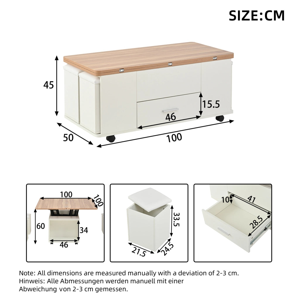 Tavolino trasformabile elevabile con 4 sgabelli, bianco legno