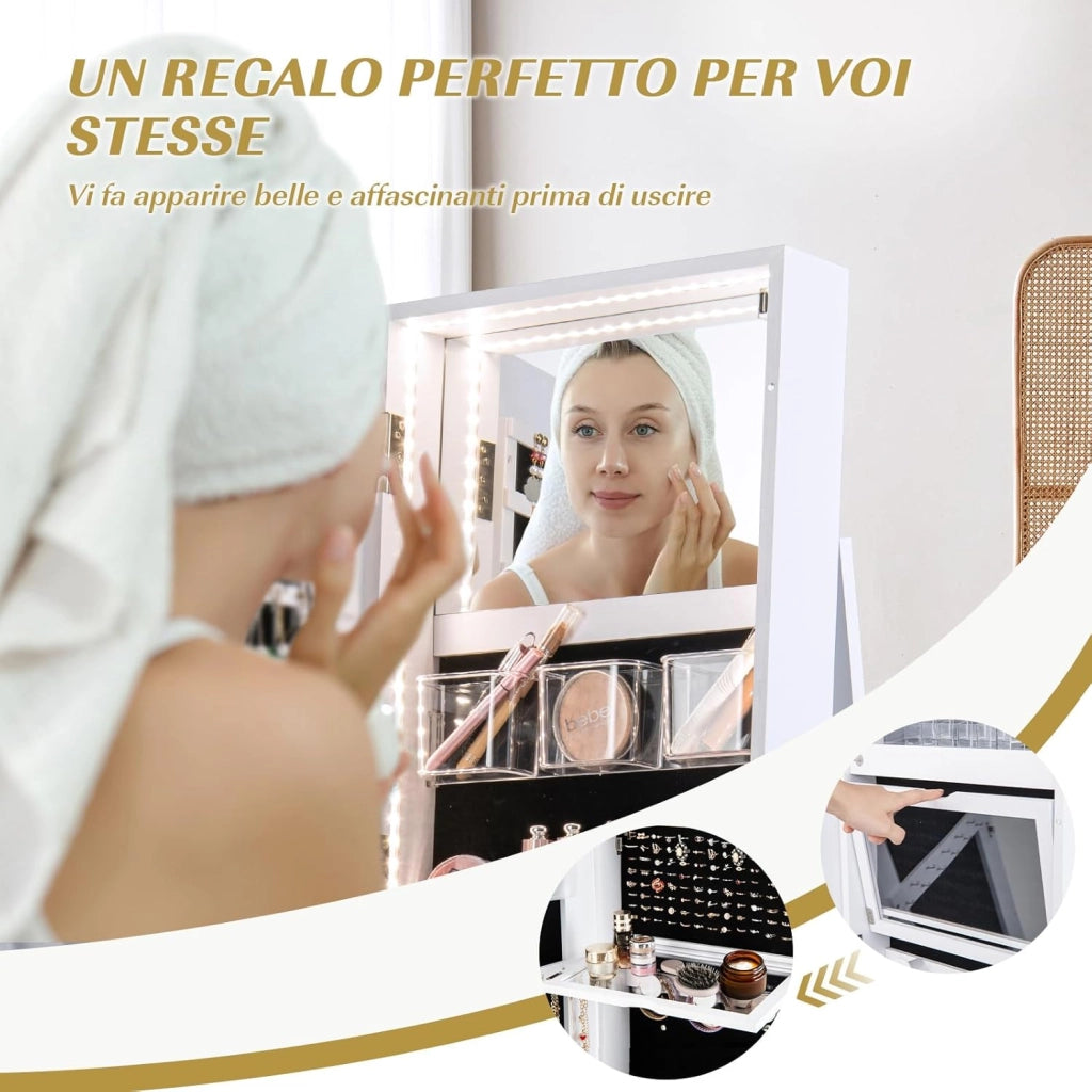 Armadietto per Gioielli Girevole a 360°, con Specchio a Figura Intera Luce a LED a 3 Colori, Specchio Interno per il Trucco con Serratura, 54,5 x 54,5 x 161cm (BIANCO)