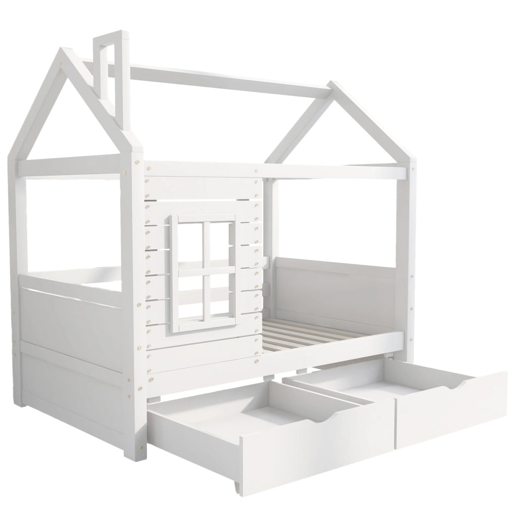 Letto per bambini 80x160 cm; casetta con finestre e cassetti; legno; bianco (Senza materasso)