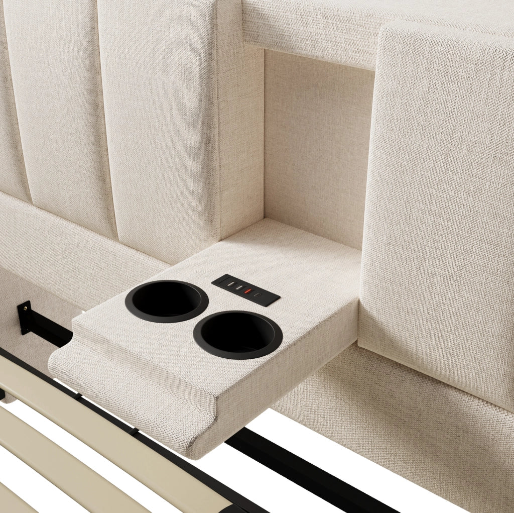 Letto imbottito 140x200 cm con contenitore, presa USB e portabicchieri