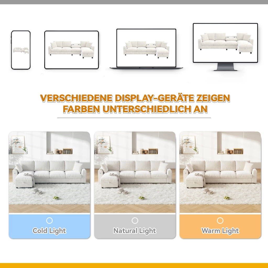 Divano letto angolare con contenitore e tavolino ribaltabile in ciniglia beige