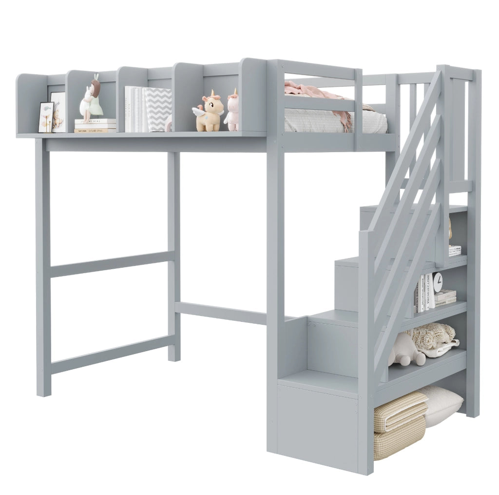 Letto a soppalco 90x200 cm con LED, vani portaoggetti e scala laterale