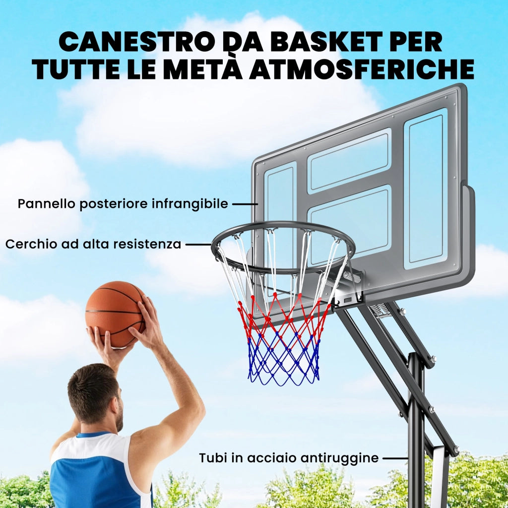 Canestro da Basket Altezza Regolabile 235-305cm in PE Infrangibile Nero