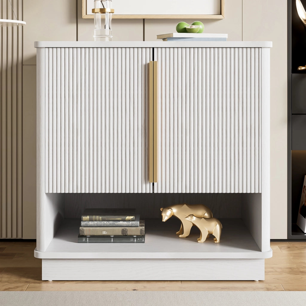 Mobile Scarpiera con 2 Ante e Vano a Giorno; Maniglie Dorate; Moderno; in MDF; Bianco Effetto Legno; 60×40×61 cm