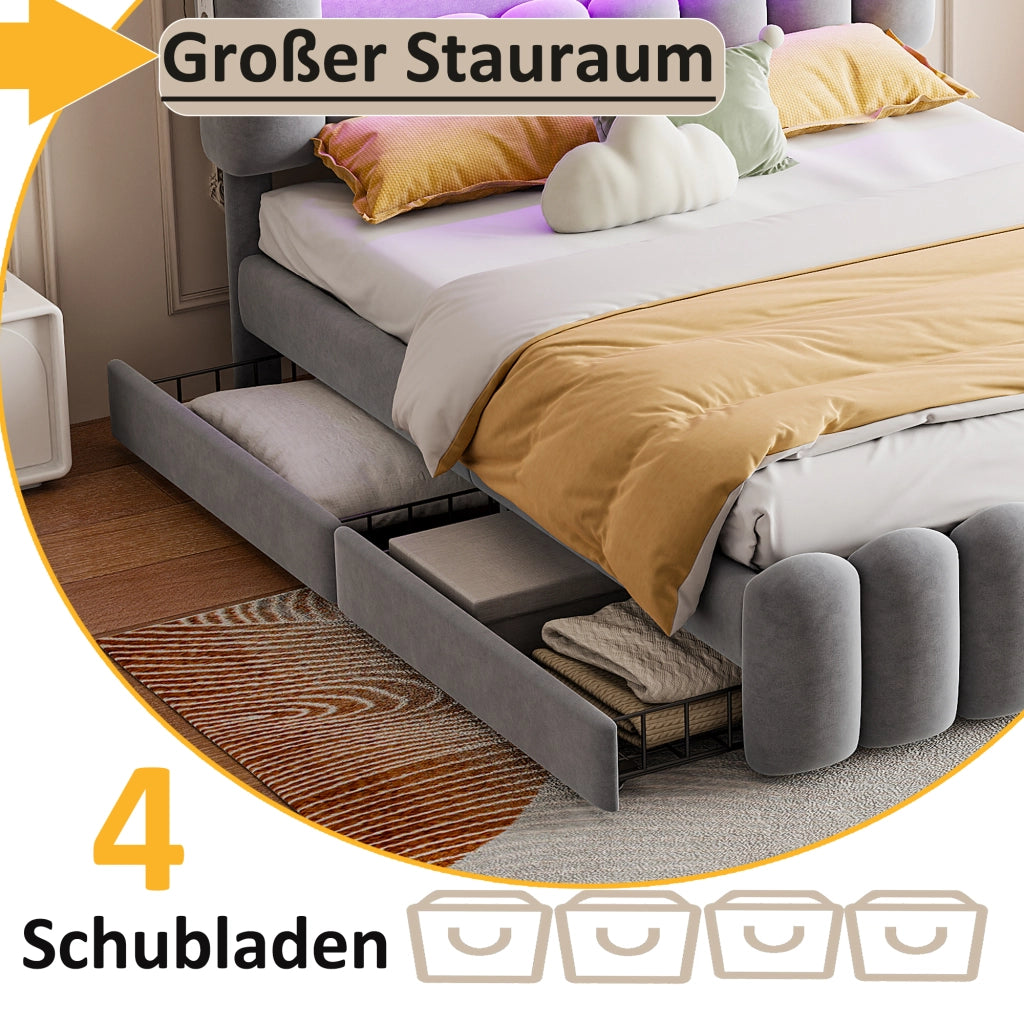 Letto imbottito in velluto con LED, USB e 4 cassetti, 160x200 cm, grigio