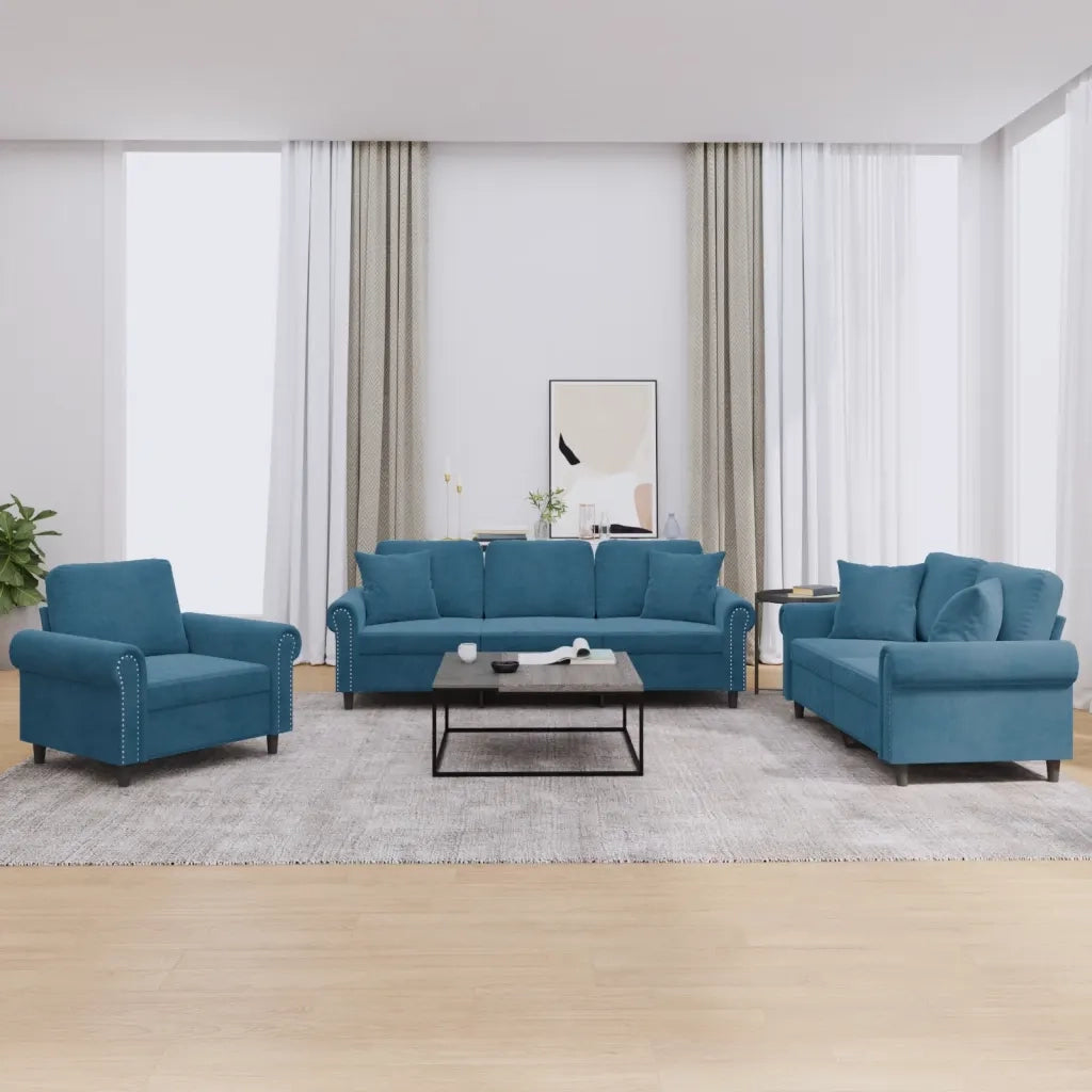 Set di Divani 3 pz con Cuscini Blu in Vellutocod mxl 106859