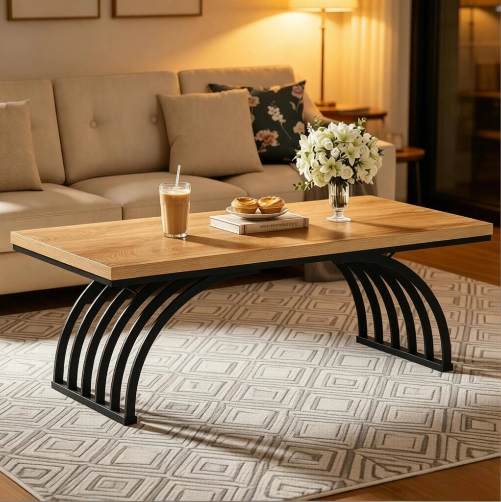 Tavolino da caffè 120 cm con piano in legno e struttura in metallo nero