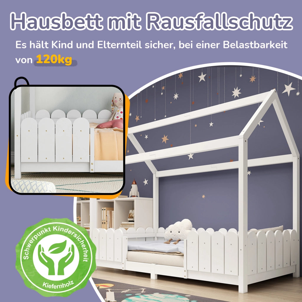Letto a casetta per bambini 90x200 cm bianco con rete