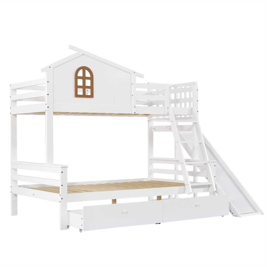 Letto a Castello 90x200 cm e 120x200 cm; 2 Posti; con Scivolo e Cassetti - Bianco