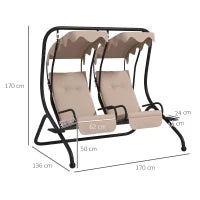 Dondolo da Giardino 2 Posti con Tetto Parasole, in Acciaio e Poliestere, 170x136x170 cm, Beige