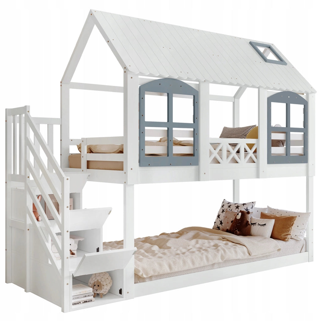 Letto a castello con 3 armadietti 90x200 - Xylo - Bianco+Grigio