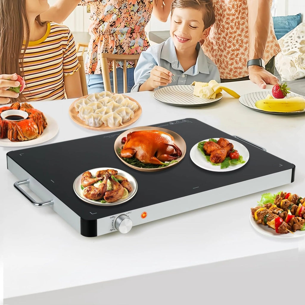 Vassoio Scaldavivande Elettrico 400 W, Scalda Vivande Temperatura Regolabile 30-120℃, Vassoio 53 X 40 CM, con Maniglia Cool-Touch, Superficie in Vetro Temperato, per Famiglia, Feste, Picnic