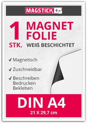 Folie magnetica in DIN A4, magnetico, bianca verniciata, descritta e stampabile, per veicoli, auto, camion, segnalazioni di magazzino, segnalazioni di porta, mag113