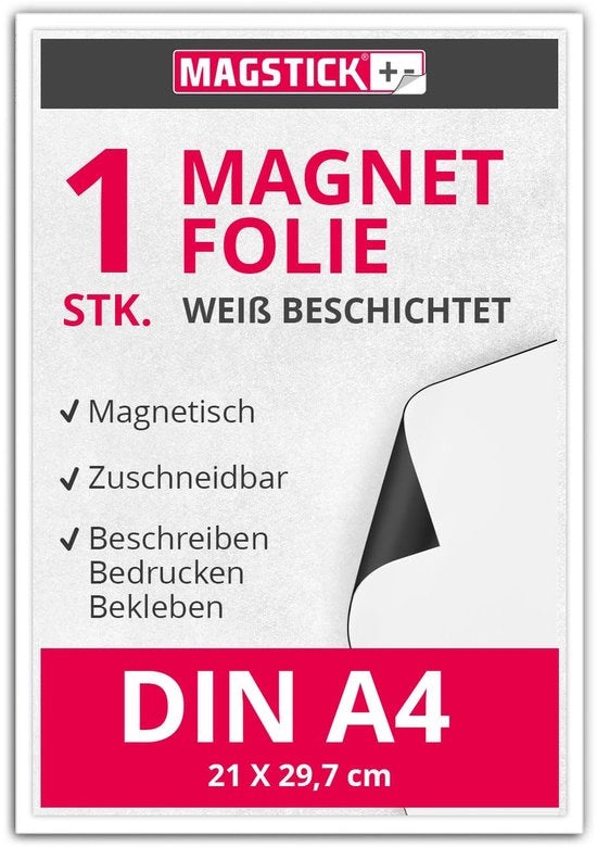 Folie magnetica in DIN A4, magnetico, bianca verniciata, descritta e stampabile, per veicoli, auto, camion, segnalazioni di magazzino, segnalazioni di porta, mag113