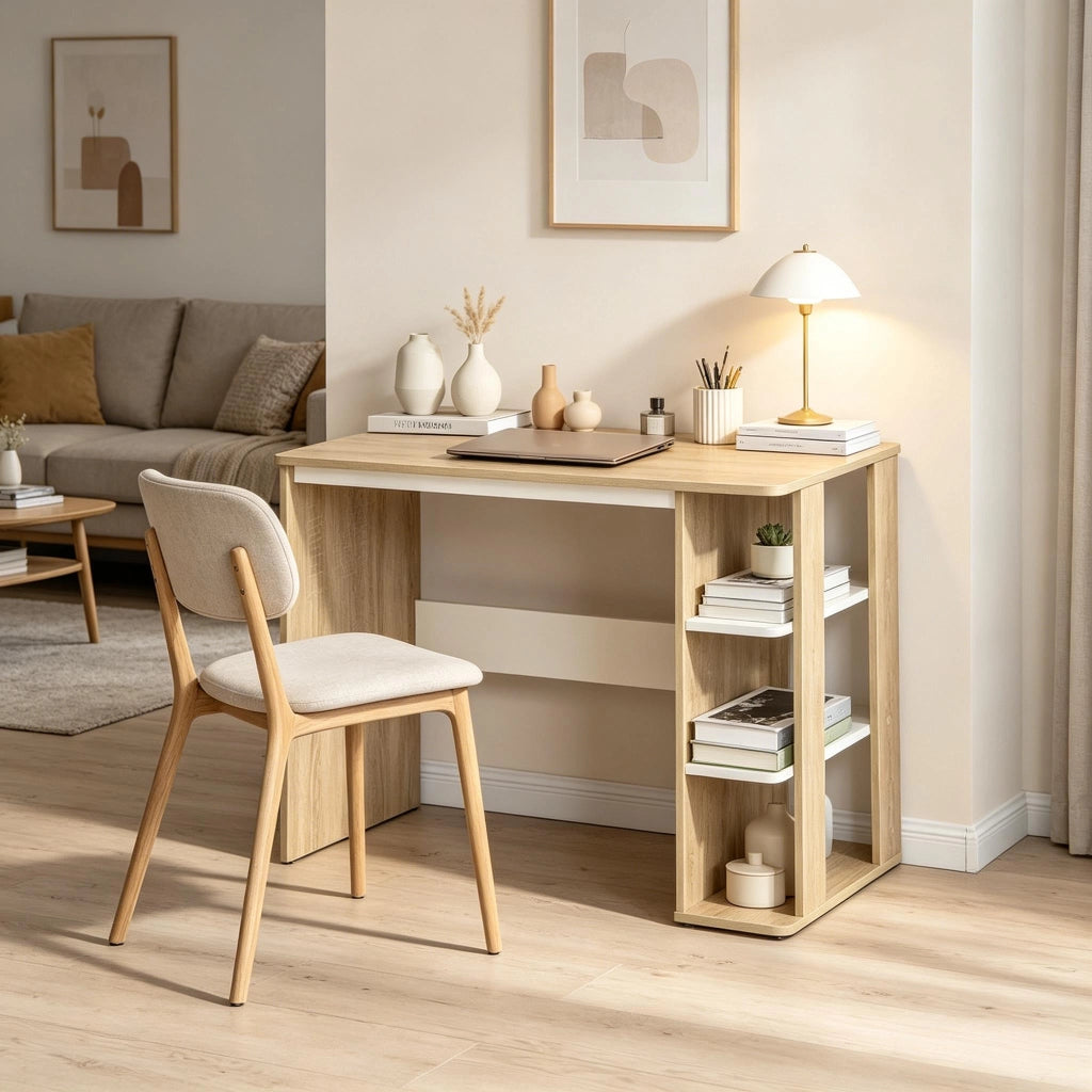 Scrivania lineare con ripiano, in truciolato, bianco e rovere chiaro, per camera da letto e ufficio, 100 × 44 × 74 cm