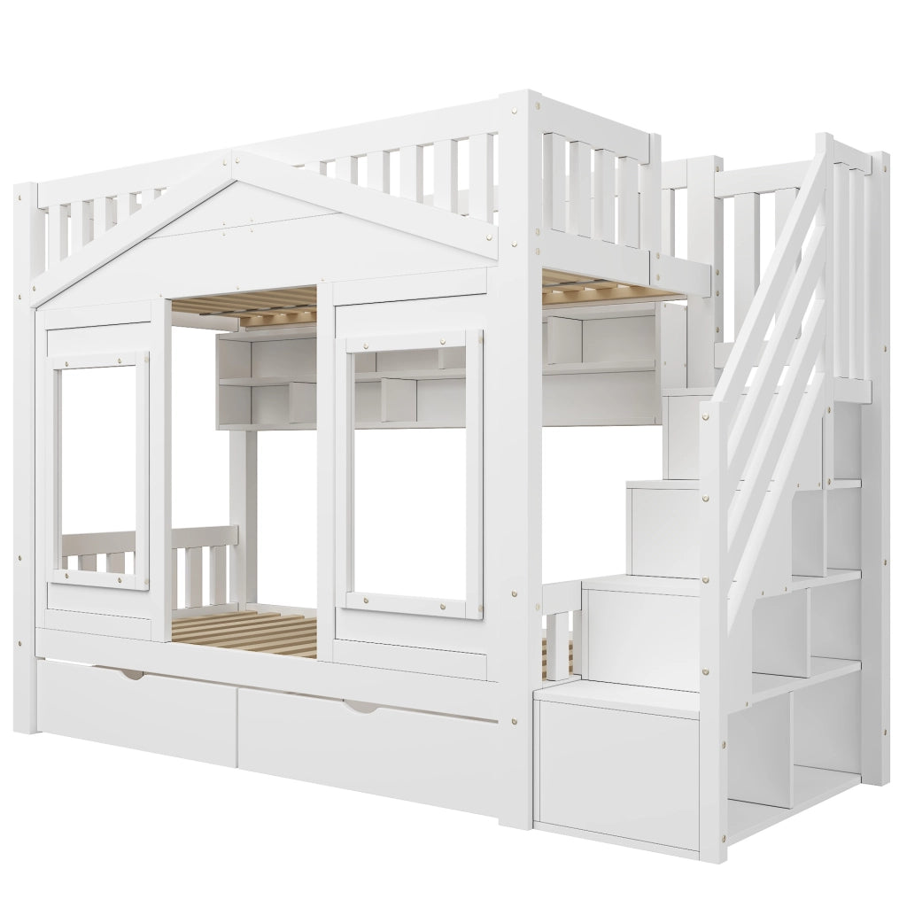 Letto a casetta con scale contenitore a destra, 90x200 cm, bianco, in pino massiccio e MDF