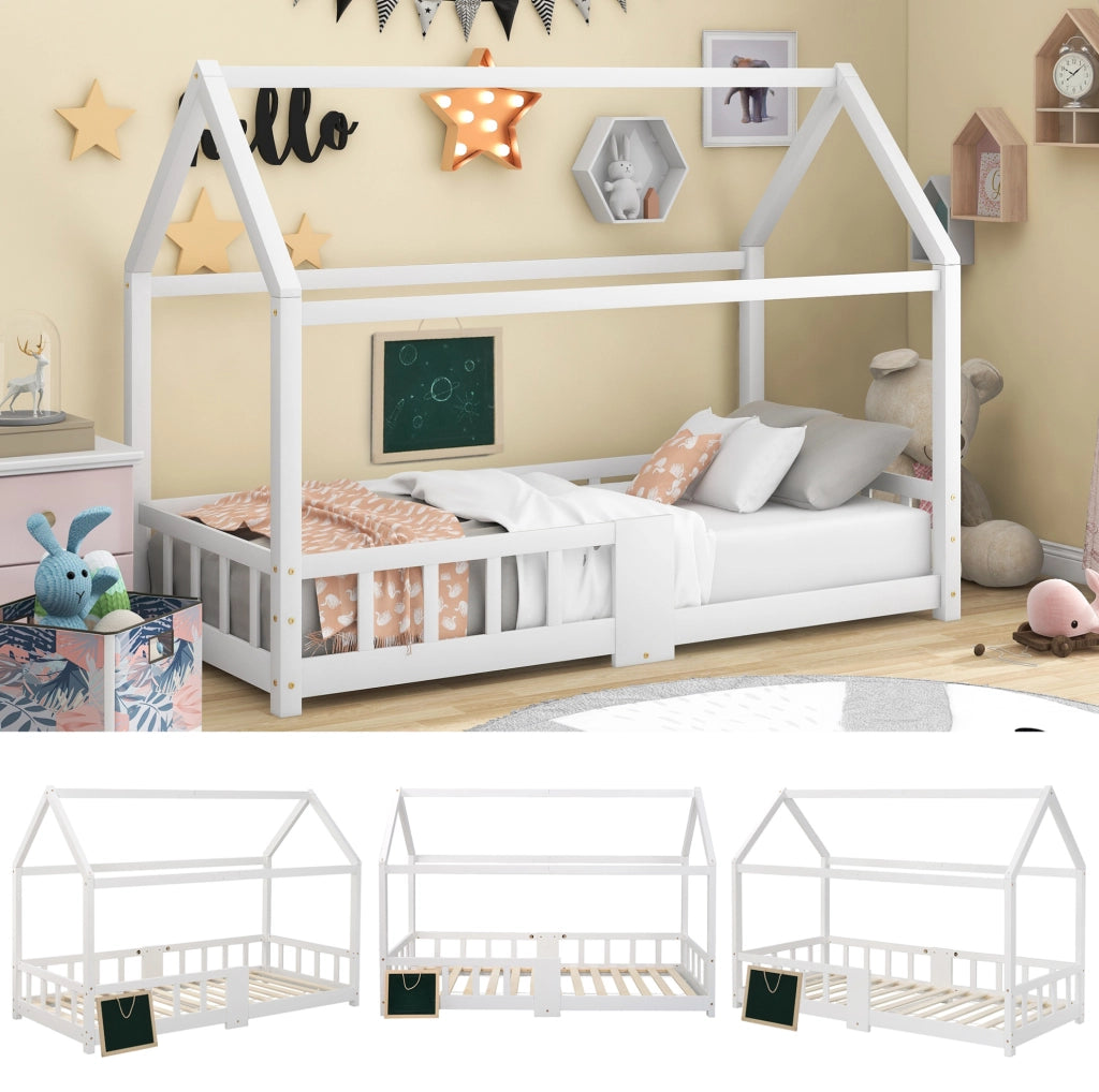 Letto per bambini a casetta 90x200 cm in legno di pino; bianco con lavagna