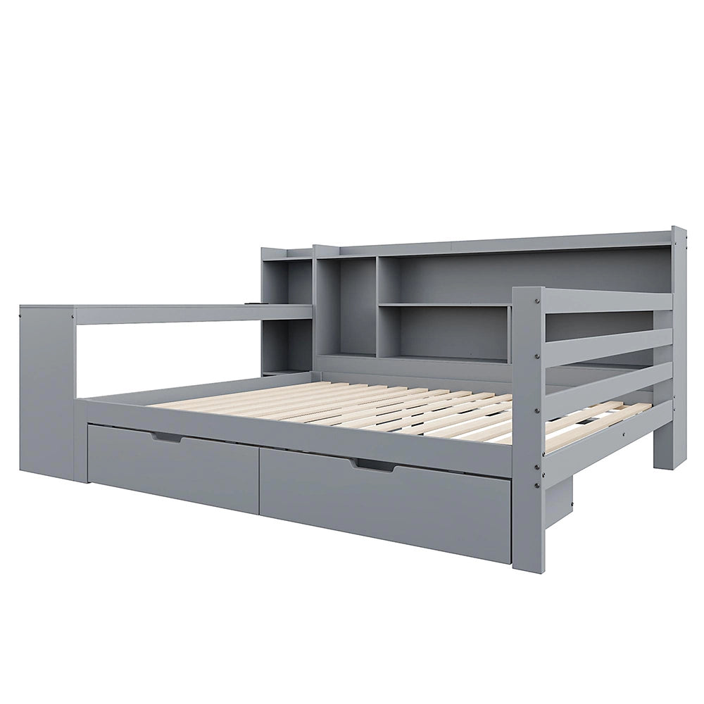Divano letto-Xylo-140x200 cm-scrivania, 2 contenitori, prese, legno grigio