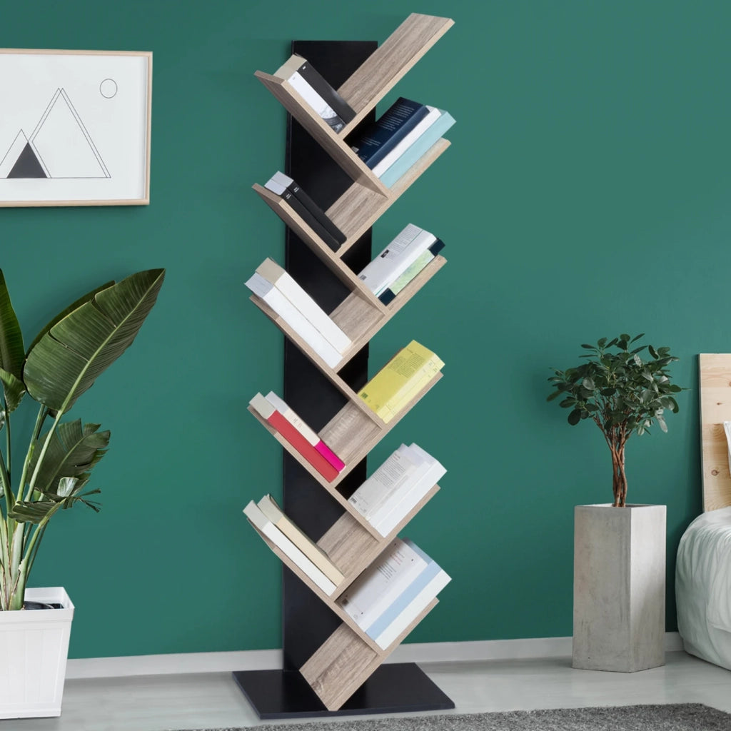 IDMarket - Estantería en forma de árbol TEA, 10 niveles, estantes de madera negra y estilo haya