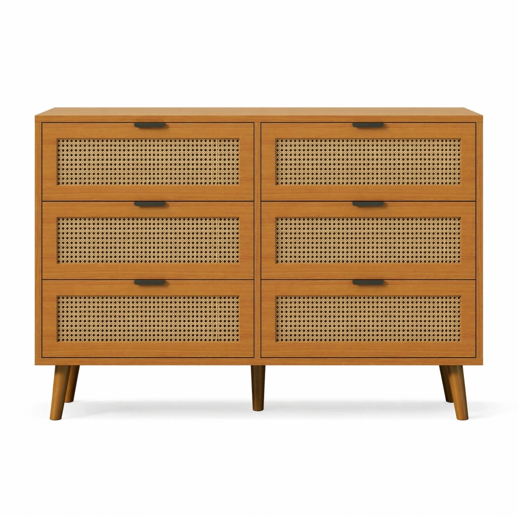 Com¨° a 6 cassetti in finitura noce con frontali effetto rattan e maniglie metalliche, 120x40x76,5 cm