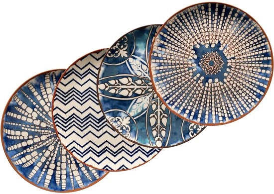 Maser 934019 Iberico Blu Grande piatti rotondi in stile moresco con 4 diverse decorazioni, piatti decorativi bianchi e blu in set da 4, ideali anche come piatti per pizza e servizio, ceramica.