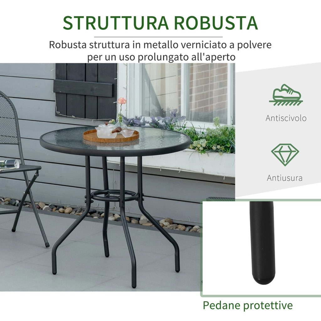 Tavolino da Giardino Ø80x72 cm Piano in Vetro con Foro in Metallo Nero