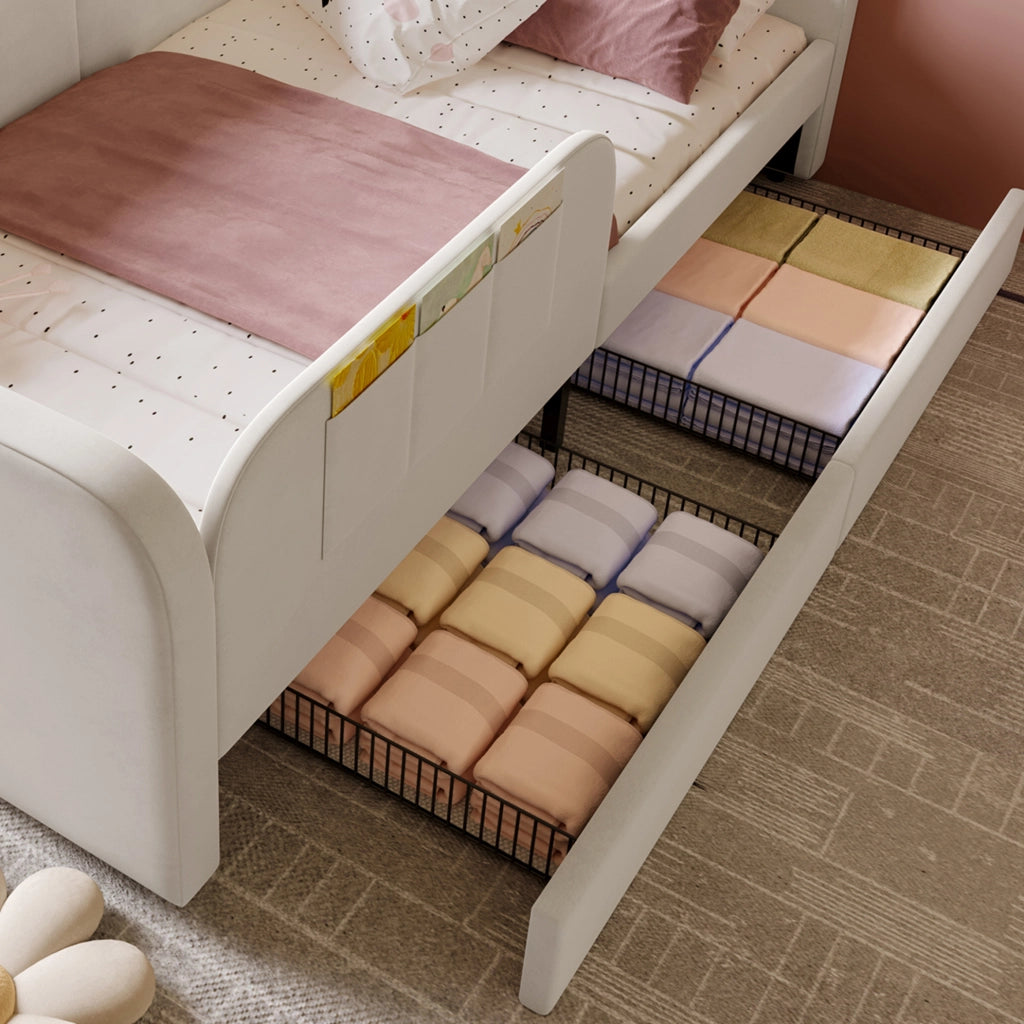 Letto singolo imbottito bianco 90x200 cm con cassetti e sponde rialzate
