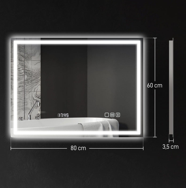 Specchio da bagno LED Bluetooth con orologio digitale e antiappannamento