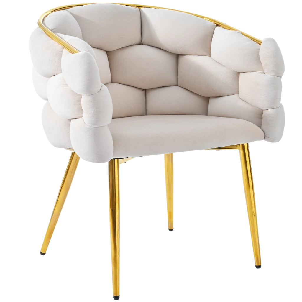 Sedia da pranzo in velluto con schienale curvo e gambe in metallo dorato beige