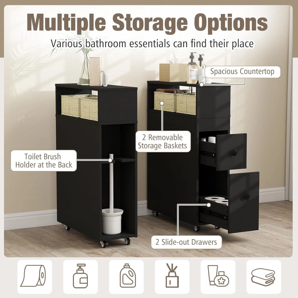 Carrello Stretto Sottile Salvaspazio Cucina Bagno da 19 cm, con 2 Cassetti e 2 Cestini di Vimini, Carrello Arrotolabile, Slim, 19 x 50 x 72 cm, Bianco/Nero (Nero)