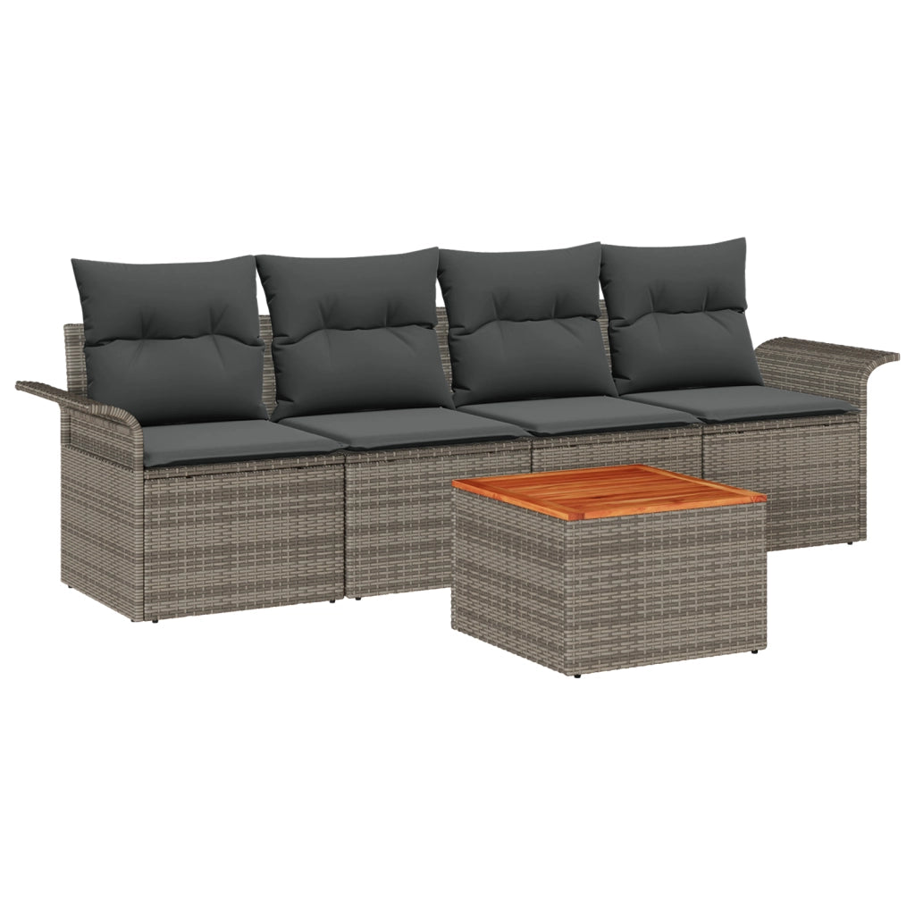 Set Divano da Giardino 5 Pezzi con Cuscini Grigio Polyrattan