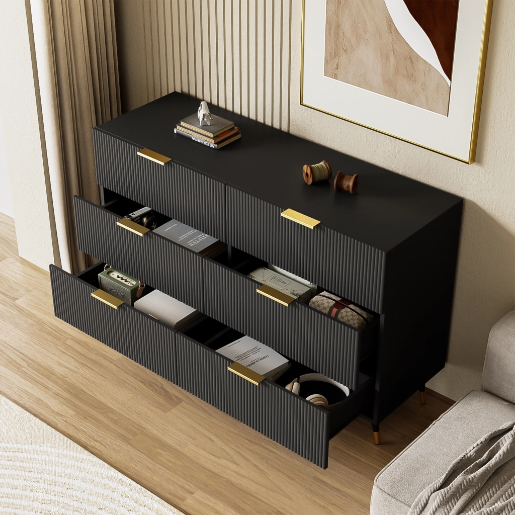 Madia con 6 Cassetti; Maniglie e Gambe Dorate per Soggiorno in Pannello di Particelle 120×40×77 cm