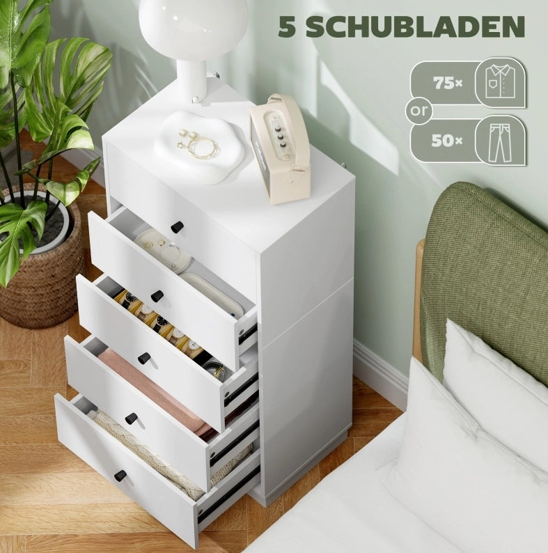 Commode 5 Tiroirs Blanc 47x29x95 cm - Meuble Rangement Salon Chambre Polyvalent