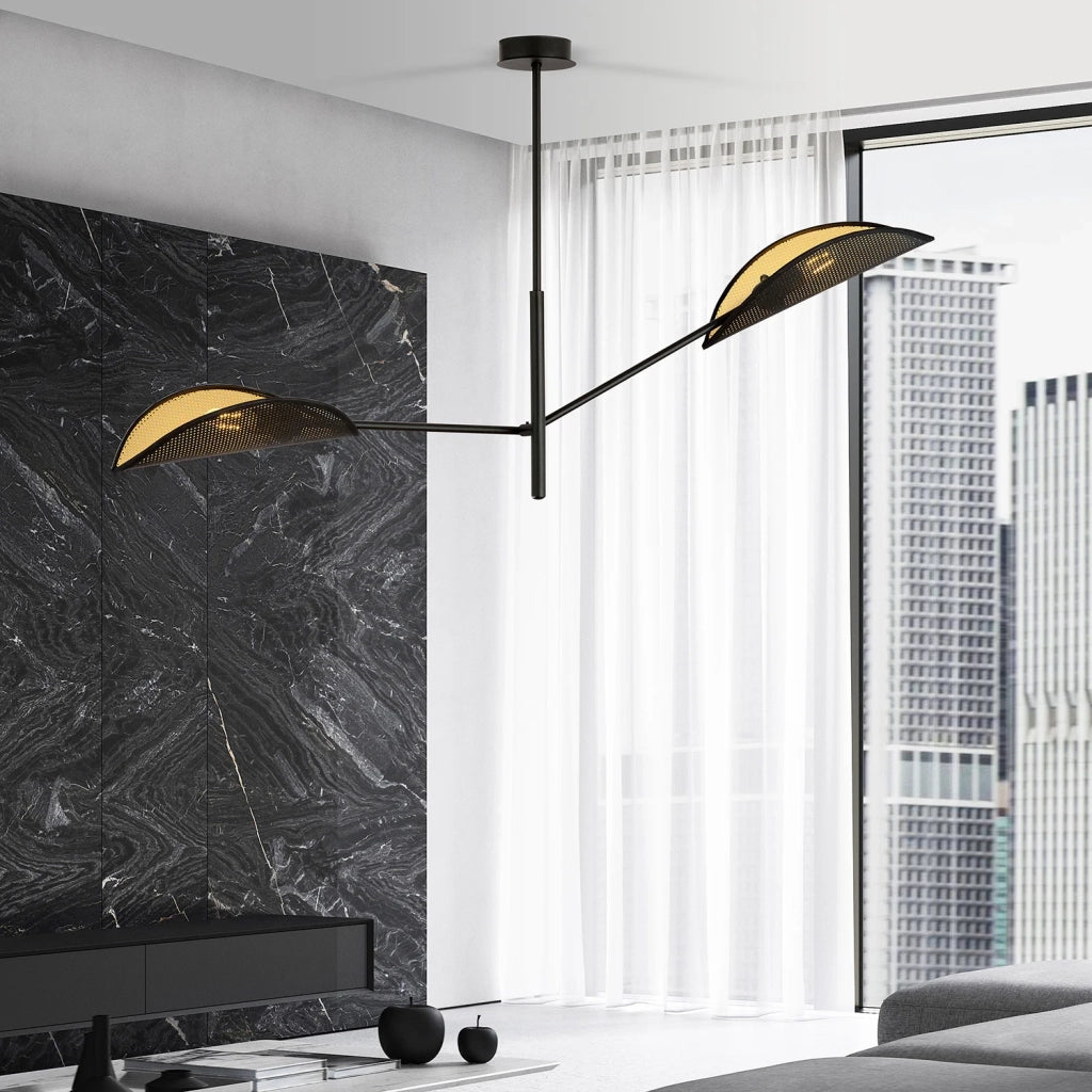 Lampadario 2 Luci Eridano In Acciao Nero E Oro Con Bracci Mobili