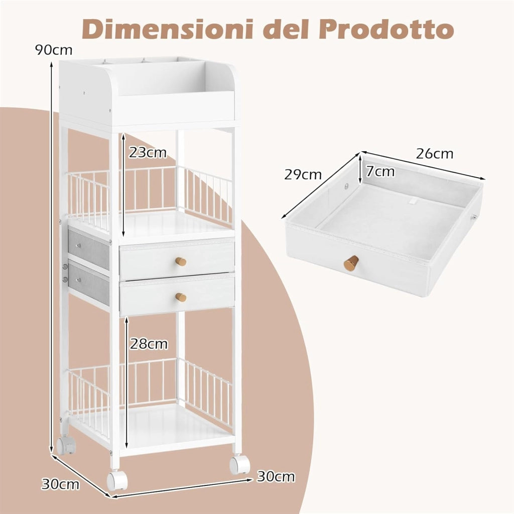 Carrello porta trucchi, organizer per cosmetici con cassetti, ruote e ripiani, carrello multiuso per prodotti per la cura della pelle, smalti per unghie, profumi, bianco 30 x 30 x 90 cm