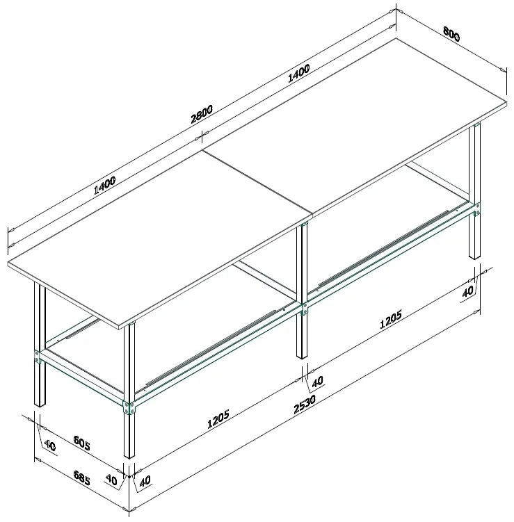 Banco per lavoro di metallo zincato con piano nobilitato cm. 280x80x93h