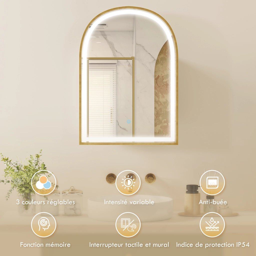 Armadietto a specchio LED bagno ¨C Xylo ¨C Porta ad arco anti-appannamento dorato 50x70cm
