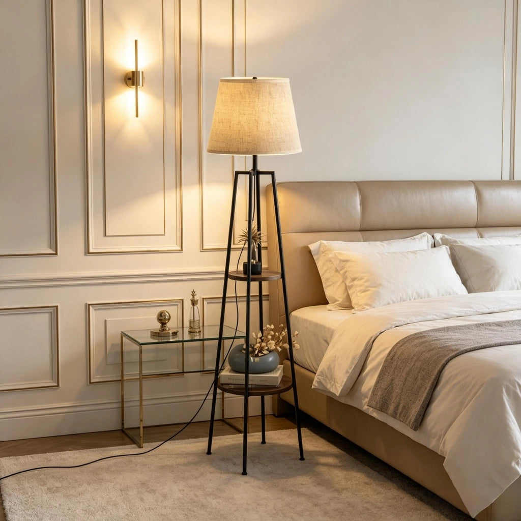 Lampada da terra moderna con ripiani integrati, lampada da terra con base a tre gambe, lampada da terra elegante (solo lampada da terra, lampadina non