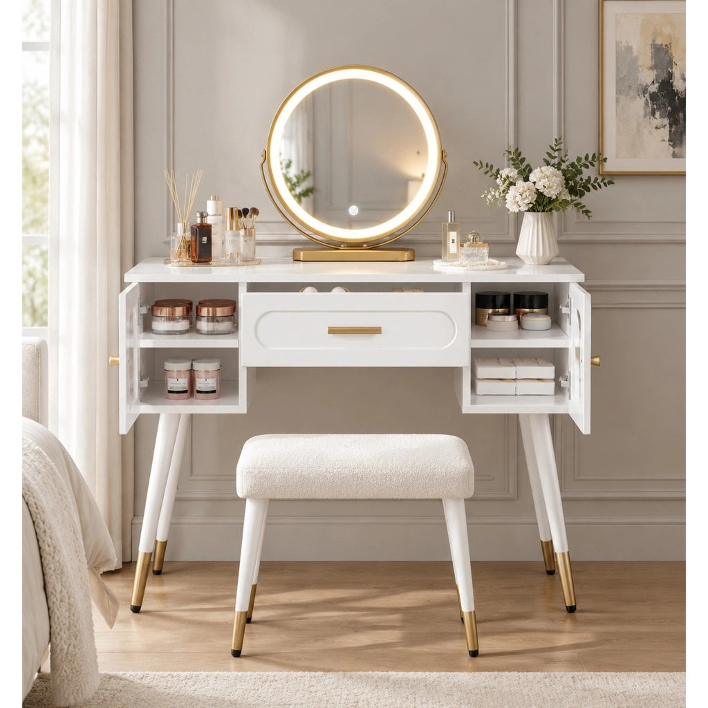 Toeletta 100x42x112 cm bianca e oro in truciolato, specchio LED e 2 ante